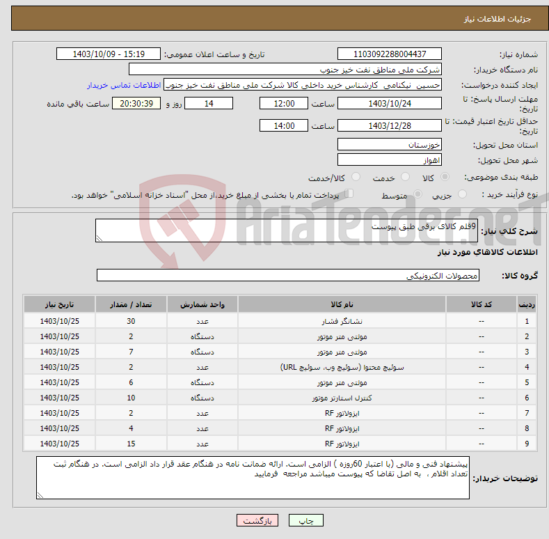 تصویر کوچک آگهی نیاز انتخاب تامین کننده-9قلم کالای برقی طبق پیوست