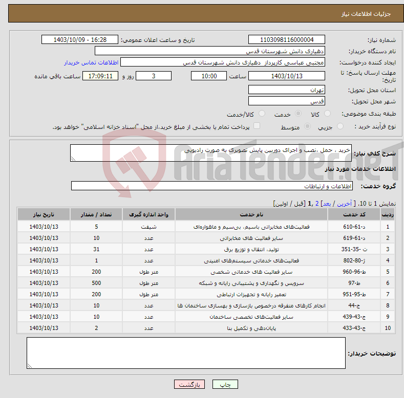 تصویر کوچک آگهی نیاز انتخاب تامین کننده-خرید ، حمل ،نصب و اجرای دوربین پایش تصویری به صورت رادیویی