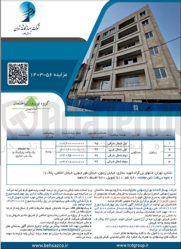 تصویر کوچک آگهی فروش تعداد محدودی از واحد های مسکونی در 4 ردیف 