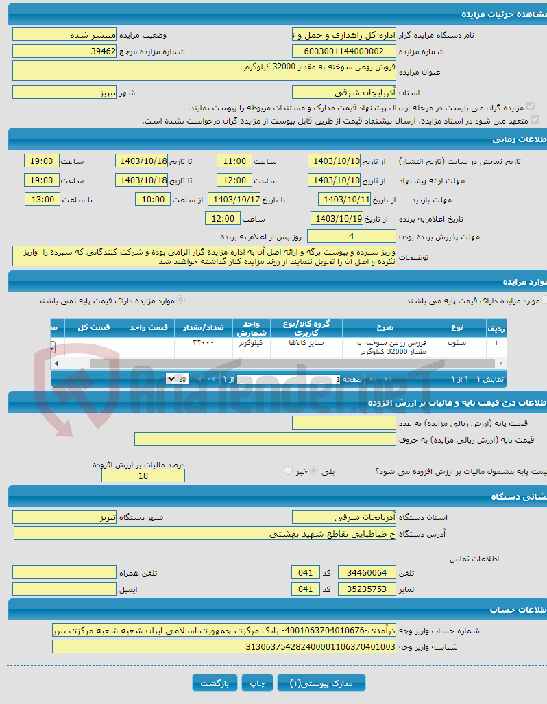 تصویر کوچک آگهی فروش روغن سوخته به مقدار 32000 کیلوگرم