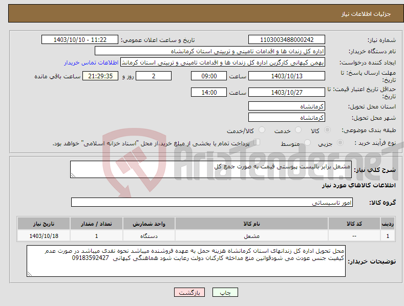تصویر کوچک آگهی نیاز انتخاب تامین کننده-مشعل برابر بالیست پیوستی قیمت به صورت جمع کل