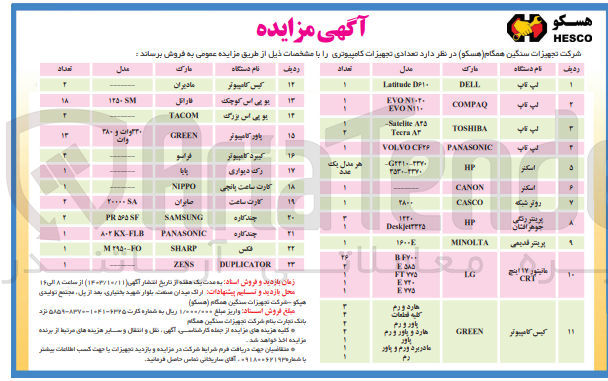 تصویر کوچک آگهی فروش تعدادی تجهیزات کامپیوتری شامل : لپ  تاپ ،کیس کامپیوتر ،فکس ،کارت ساعت ،رک دیواری ،کیبورد کامپیوتر ،اسکنر و...