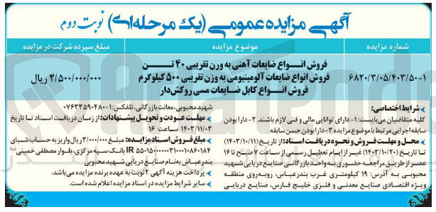 تصویر کوچک آگهی فروش انواع ضایعات آهنی به وزن تقریبی 40 تن فروش انواع ضایعات آلومینیومیبه وزن تقریبی 500 کیلوگرم فروش انواع کابل  ضایعات مسی روکش دار 