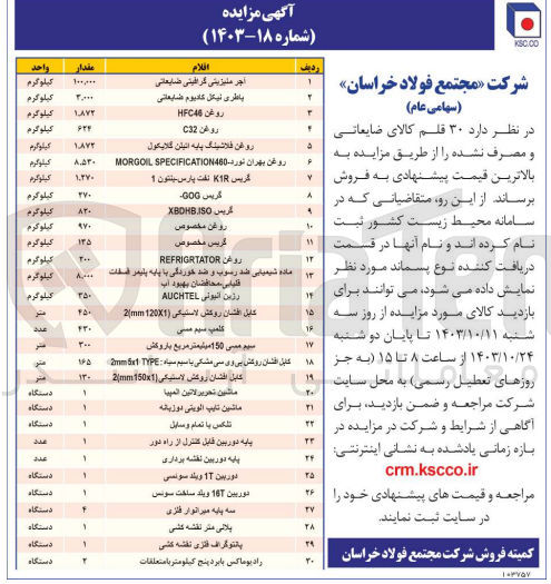تصویر کوچک آگهی فروش ۳۰ قلم کالای ضایعاتی و مصرف نشده :
آجر منیزیتی گرافیتی ضایعاتی - باطری نیکل کادیوم ضایعاتی - روغن HFC46 - روغن C32 - گریس K1R نفت پارس پنتون 1 - گریس COG - روغن مخصوص - گریس مخصوص - ماشین تایپ الویتی دوزبانه - پایه دوربین قابل کنترل از راه دور - پایه دوربین نقشه برداری و...