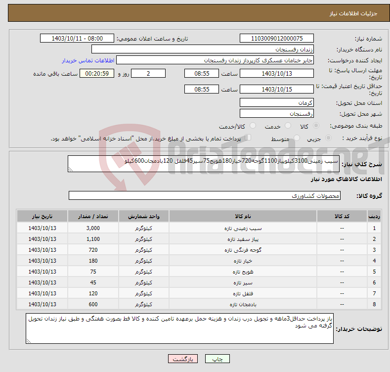 تصویر کوچک آگهی نیاز انتخاب تامین کننده-سیب زمینی3100کیلوپیاز1100گوجه720خیار180هویج75سیر45فلفل 120بادمجان600کیلو