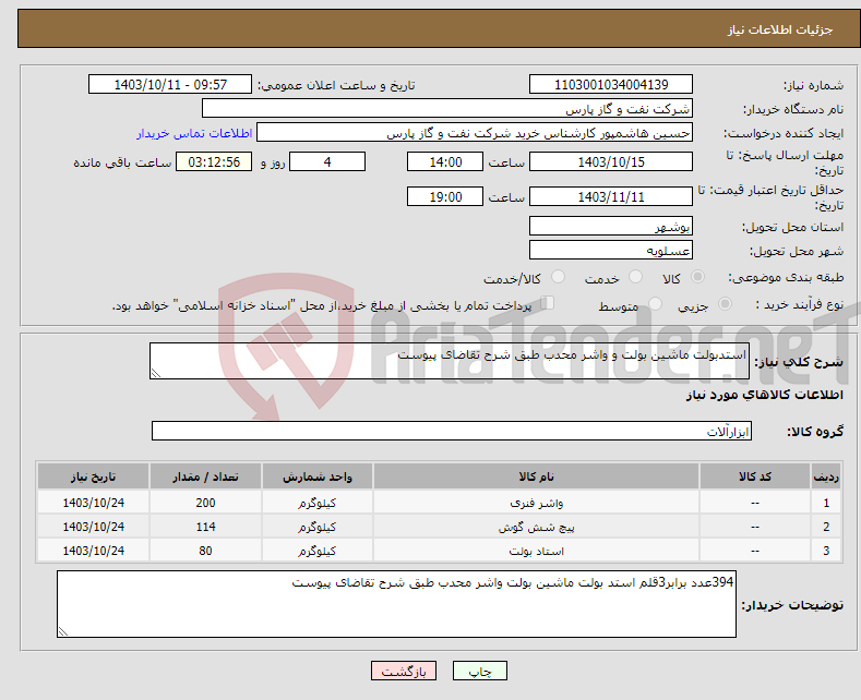 تصویر کوچک آگهی نیاز انتخاب تامین کننده-استدبولت ماشین بولت و واشر محدب طبق شرح تقاضای پیوست