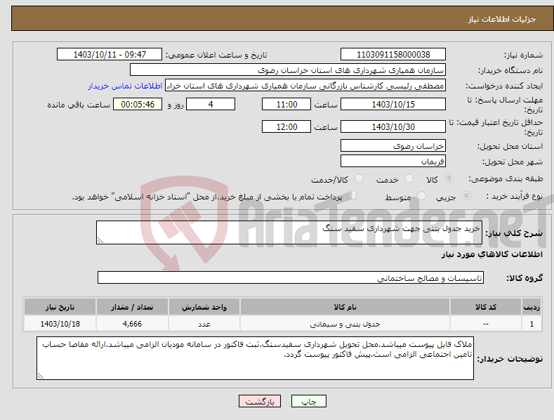 تصویر کوچک آگهی نیاز انتخاب تامین کننده-خرید جدول بتنی جهت شهرداری سفید سنگ