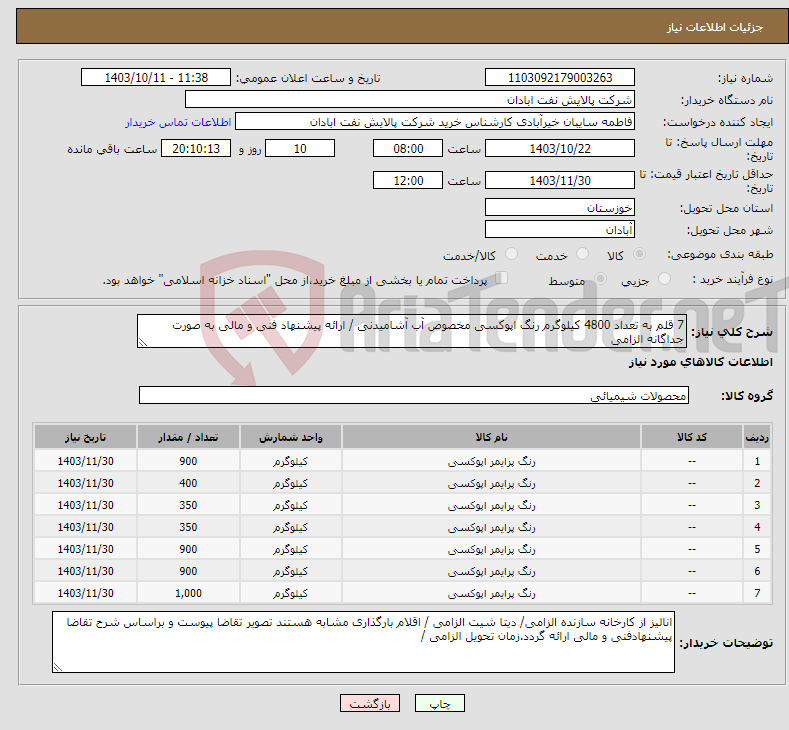 تصویر کوچک آگهی نیاز انتخاب تامین کننده-7 قلم به تعداد 4800 کیلوگرم رنگ اپوکسی مخصوص آب آشامیدنی / ارائه پیشنهاد فنی و مالی به صورت جداگانه الزامی 