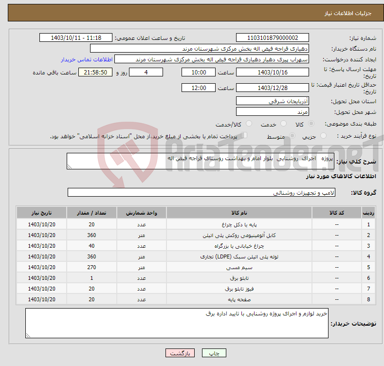 تصویر کوچک آگهی نیاز انتخاب تامین کننده-پروژه اجرای روشنایی بلوار امام و بهداشت روستای قراجه فیض اله