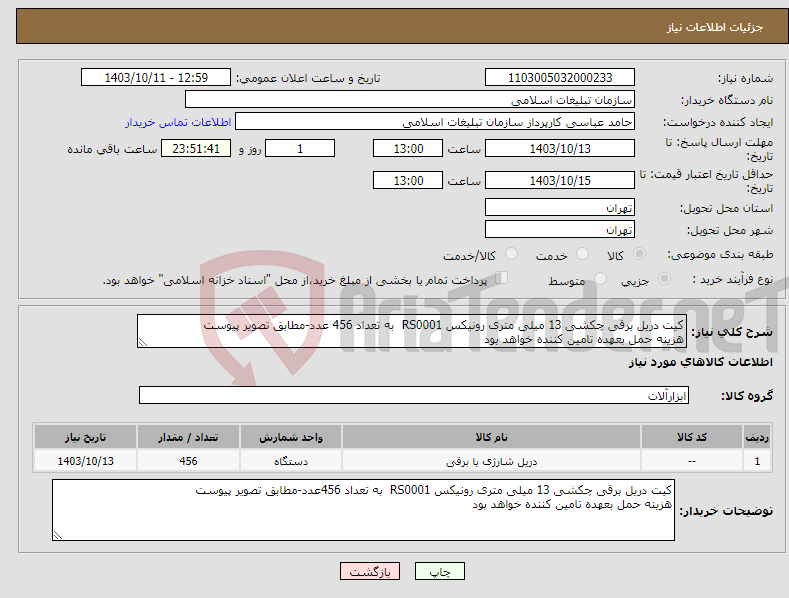 تصویر کوچک آگهی نیاز انتخاب تامین کننده-کیت دریل برقی چکشی 13 میلی متری رونیکس RS0001 به تعداد 456 عدد-مطابق تصویر پیوست هزینه حمل بعهده تامین کننده خواهد بود