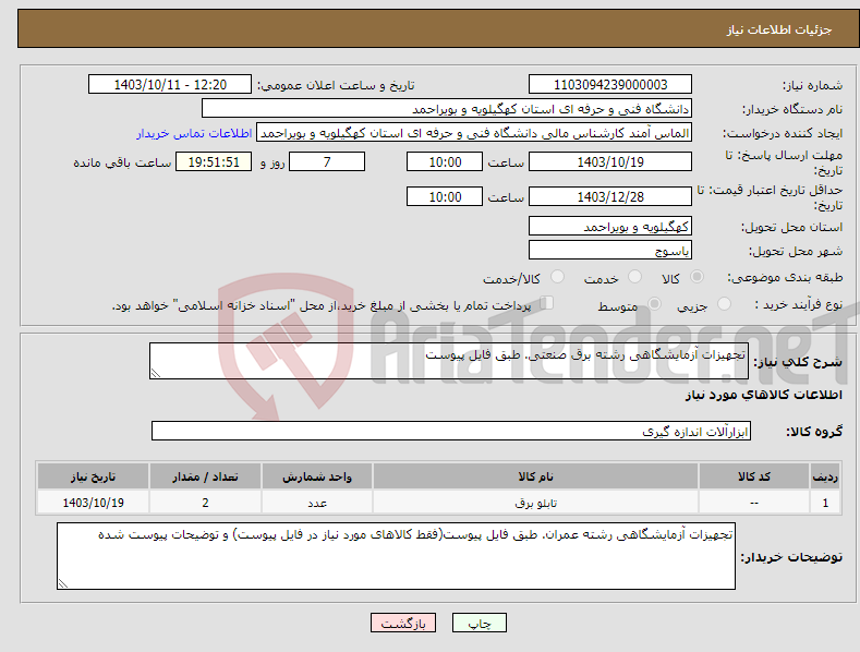 تصویر کوچک آگهی نیاز انتخاب تامین کننده-تجهیزات آزمایشگاهی رشته برق صنعتی. طبق فایل پیوست