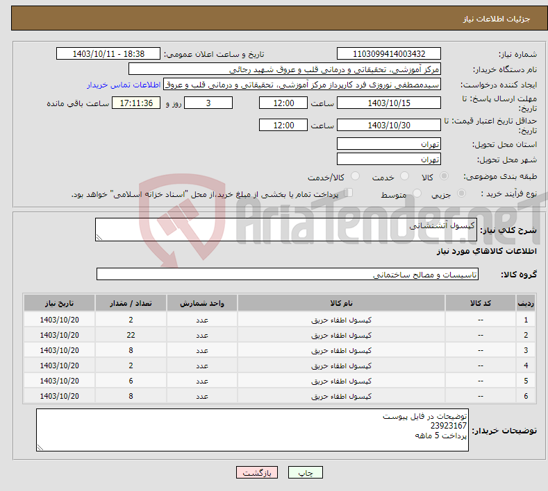 تصویر کوچک آگهی نیاز انتخاب تامین کننده-کپسول آتشنشانی