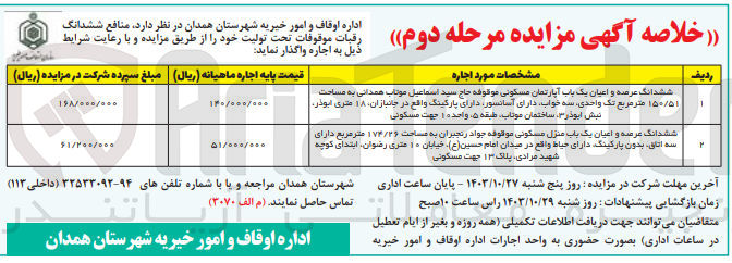 تصویر کوچک آگهی واگذاری ششانگ رقبات موقوفات تحت تولیت در دو ردیف 