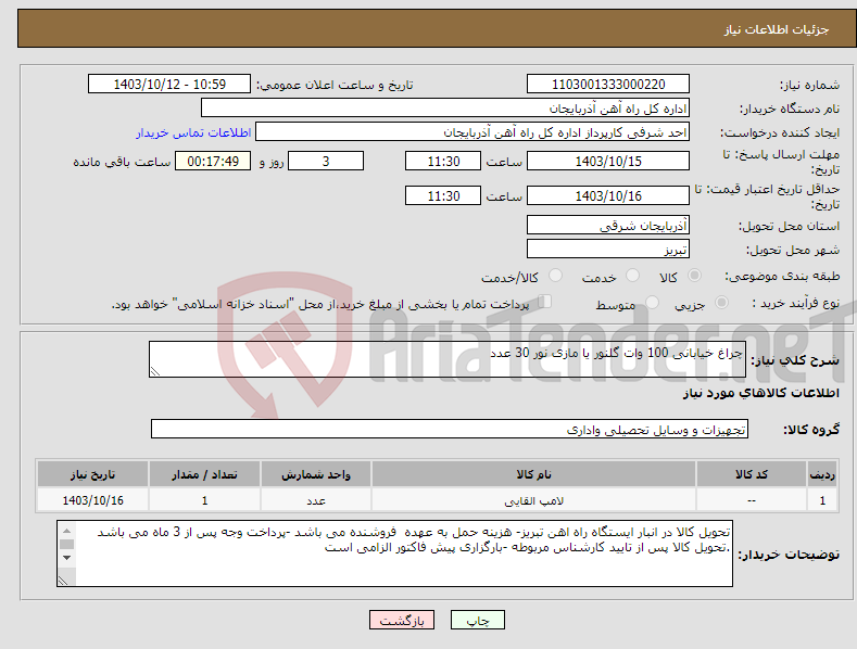 تصویر کوچک آگهی نیاز انتخاب تامین کننده-چراغ خیابانی 100 وات گلنور یا مازی نور 30 عدد