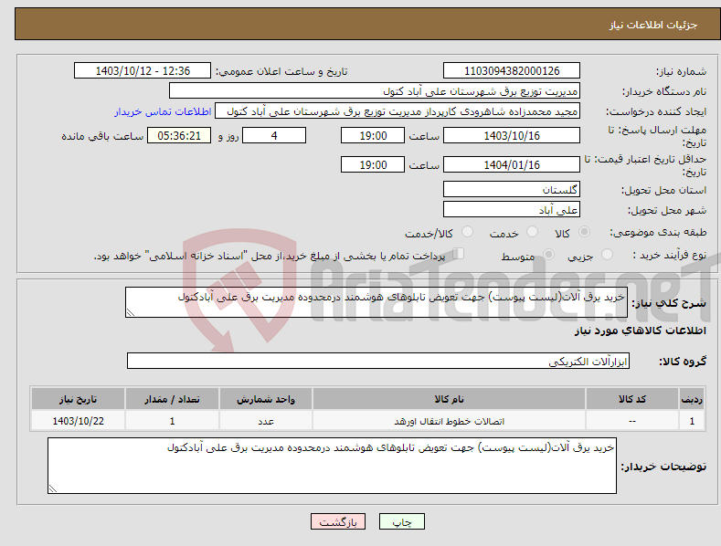 تصویر کوچک آگهی نیاز انتخاب تامین کننده-خرید یرق آلات(لیست پیوست) جهت تعویض تابلوهای هوشمند درمحدوده مدیریت برق علی آبادکتول