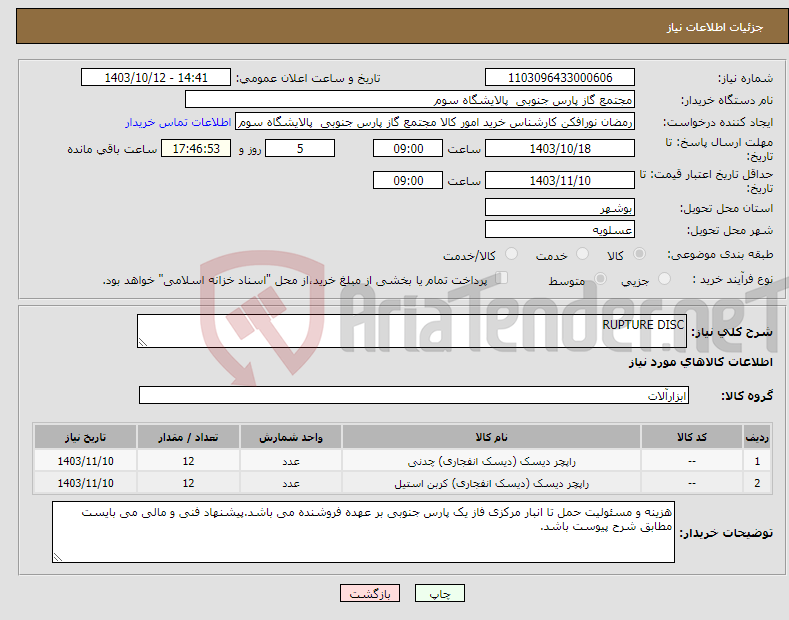 تصویر کوچک آگهی نیاز انتخاب تامین کننده-RUPTURE DISC