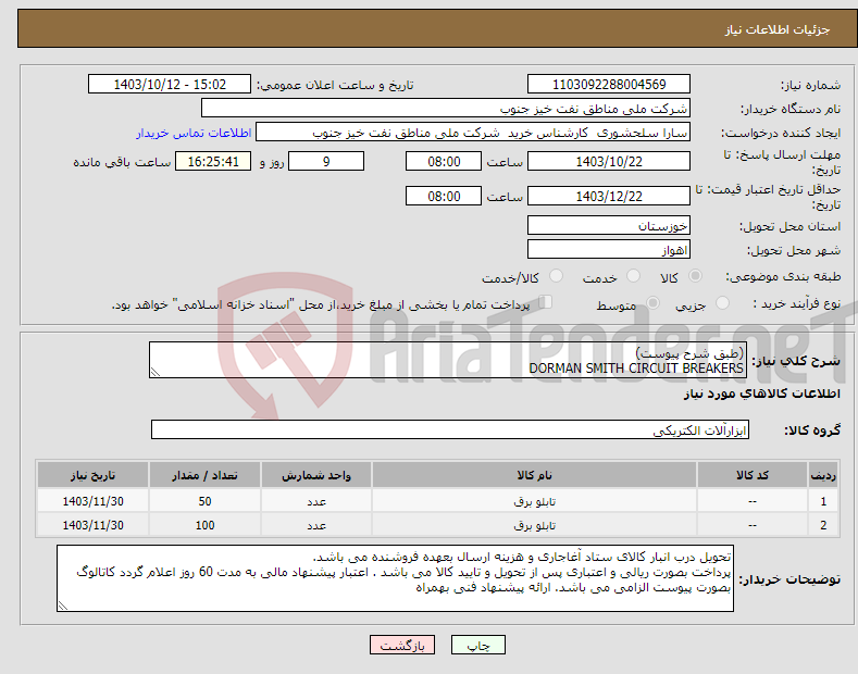 تصویر کوچک آگهی نیاز انتخاب تامین کننده-(طبق شرح پیوست) DORMAN SMITH CIRCUIT BREAKERS