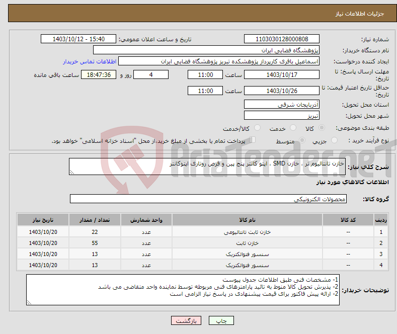 تصویر کوچک آگهی نیاز انتخاب تامین کننده-خازن تانتالیوم تر ، خازن SMD ، اپتو کانتر پنج پین و قرص روتاری اپتوکانتر