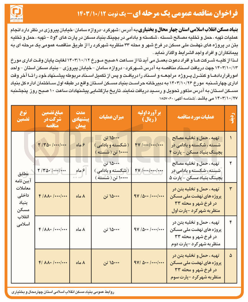 تصویر کوچک آگهی تهیه ،حمل و تخلیه مصالح شسته  ،شکسته و بادامی در بچینگ بنیاد مسکن -پارت 4