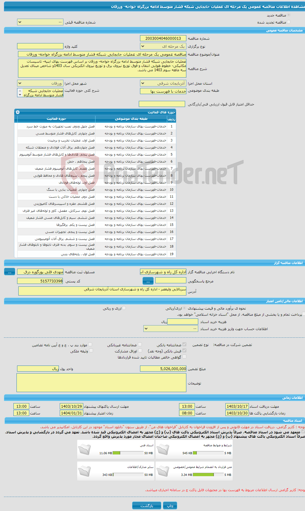 تصویر کوچک آگهی مناقصه عمومی یک مرحله ای عملیات جابجایی شبکه فشار متوسط ادامه بزرگراه خواجه- ورزقان