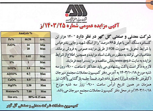تصویر کوچک آگهی فروش 140 هزار تن کنسانتره سنگ آهن با عیار 66/5 درصد 