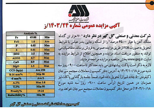 تصویر کوچک آگهی فروش 70  هزار تن گندله سنگ آهن با عیار 65/00 درصد 