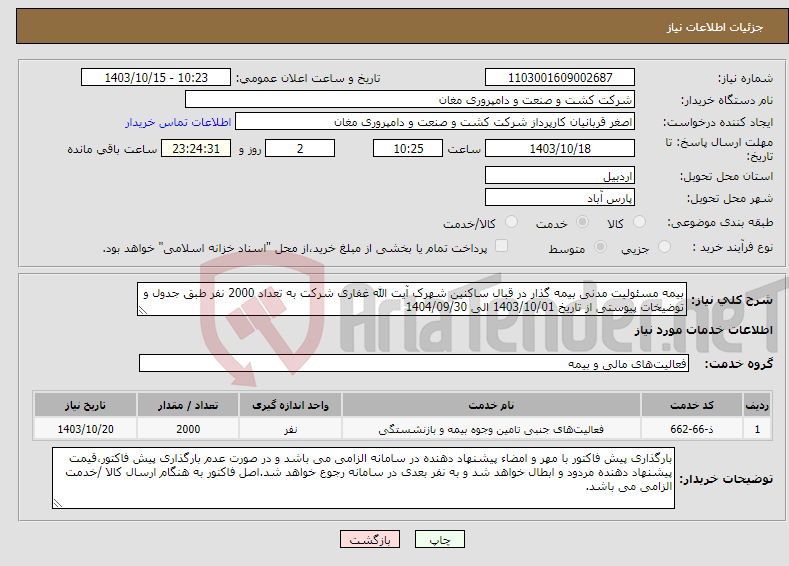 تصویر کوچک آگهی نیاز انتخاب تامین کننده-بیمه مسئولیت مدنی بیمه گذار در قبال ساکنین شهرک آیت الله غفاری شرکت به تعداد 2000 نفر طبق جدول و توضیخات پیوستی از تاریخ 1403/10/01 الی 1404/09/30