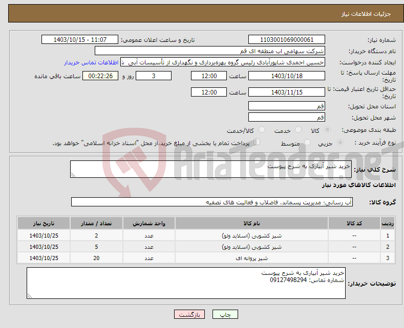 تصویر کوچک آگهی نیاز انتخاب تامین کننده-خرید شیر آبیاری به شرح پیوست