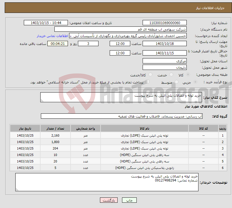 تصویر کوچک آگهی نیاز انتخاب تامین کننده-خرید لوله و اتصالات پلی اتیلن به شرح پیوست