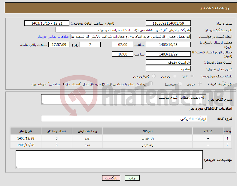 تصویر کوچک آگهی نیاز انتخاب تامین کننده-رله زیمنس مطابق شرح پیوست