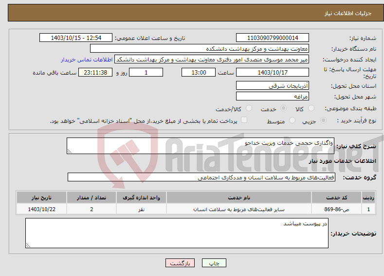 تصویر کوچک آگهی نیاز انتخاب تامین کننده-واگذاری حجمی خدمات ویزیت خداجو