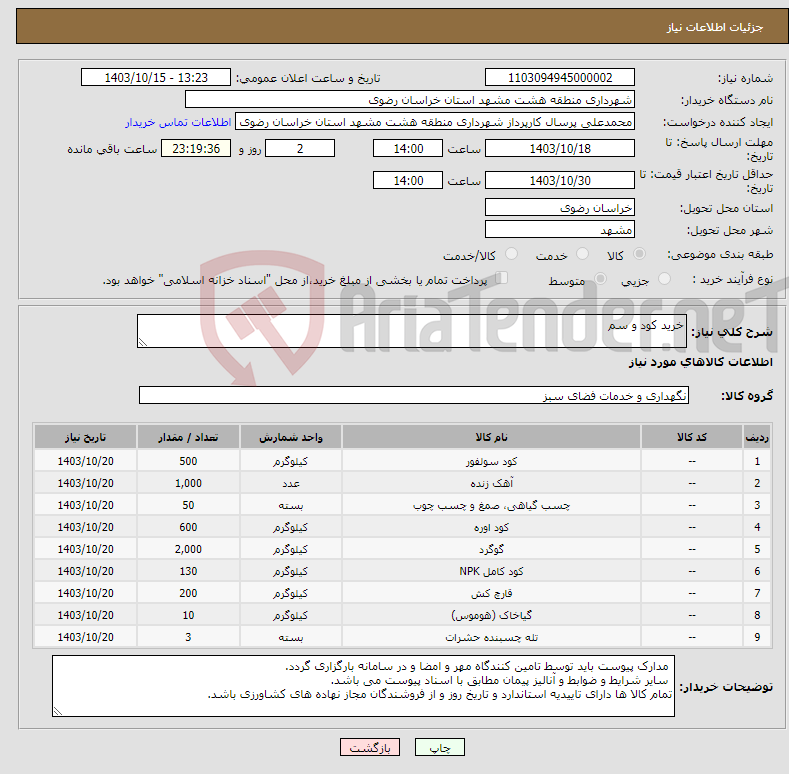 تصویر کوچک آگهی نیاز انتخاب تامین کننده-خرید کود و سم