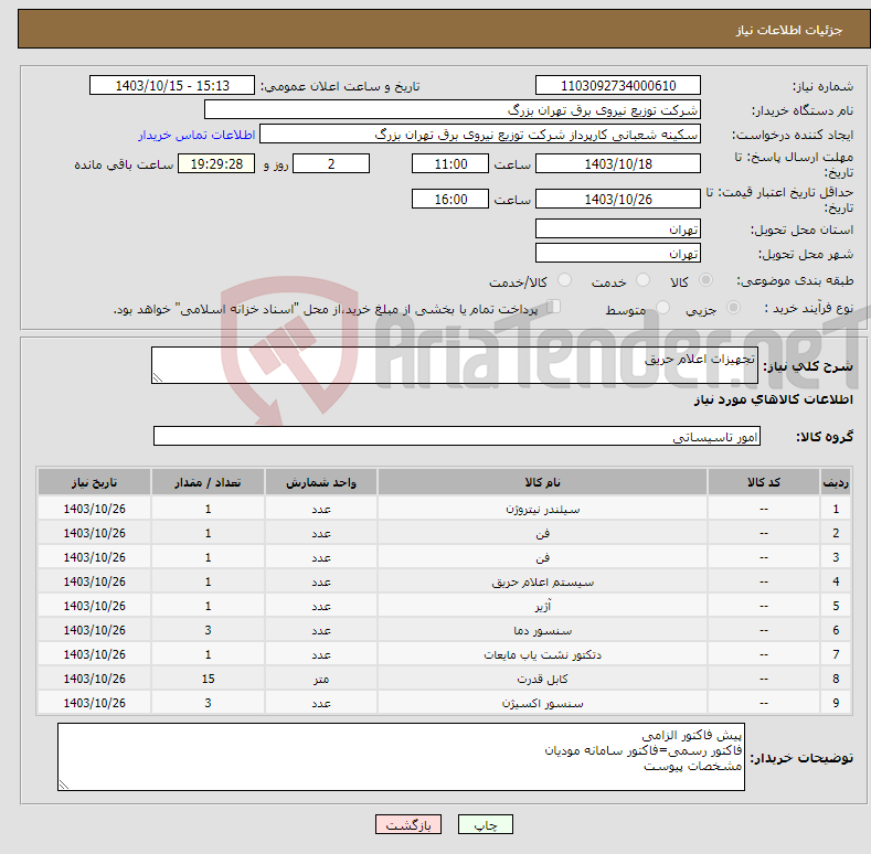 تصویر کوچک آگهی نیاز انتخاب تامین کننده-تجهیزات اعلام حریق