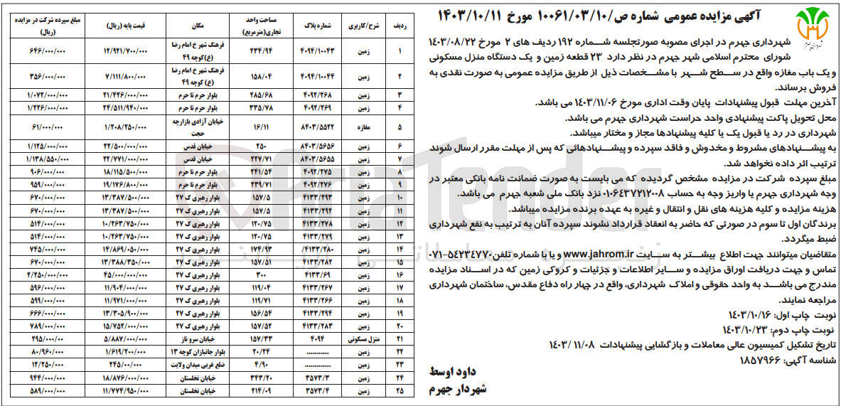 تصویر کوچک آگهی فروش 32 قطعه زمین و یک دستگاه منزل مسکونی و یک باب مغازه واقع در سطح شهر 