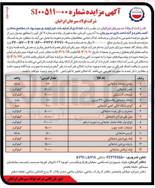 تصویر کوچک آگهی فروش تعدادی از ضایعات غیر تولیدی موجود در مجتمع معادن کنسانتره و گندله سازی سیرجان :
روغن سوخته ضایعاتی - چدن ضایعاتی - ضایعات لاستیکی - بشکه ضایعاتی پلاستیکی ۲۲۰ لیتری - انواع بشکه خالی آهنی ضایعاتی - لیفتربار و شل پلیت ضایعاتی - مش پلی اورتان ضایعاتی - انواع نوار نقاله نخدار ضایعاتی به صورت درهم - ضایعات تخته چوب - گریس ضایعاتی لوله پلی اتیلن ضایعاتی - پارچه برزنتی ضایعاتی لوله ترلکس ضایعاتی
