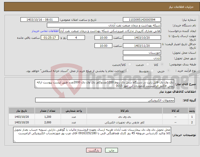 تصویر کوچک آگهی نیاز انتخاب تامین کننده-دی وی دی قابل رایت در دستگاه سی دی ربوط 1200عددوکاور دی وی دی 2000عدد طبق لیست پیوست ارائه پیش فاکتور الزامیست کدمودیان این امور 0015