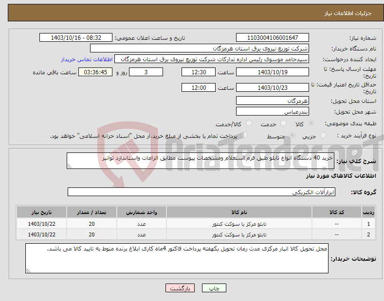 تصویر کوچک آگهی نیاز انتخاب تامین کننده-خرید 40 دستگاه انواع تابلو طبق فرم استعلام ومشخصات پیوست مطابق الزامات واستاندارد توانیر 