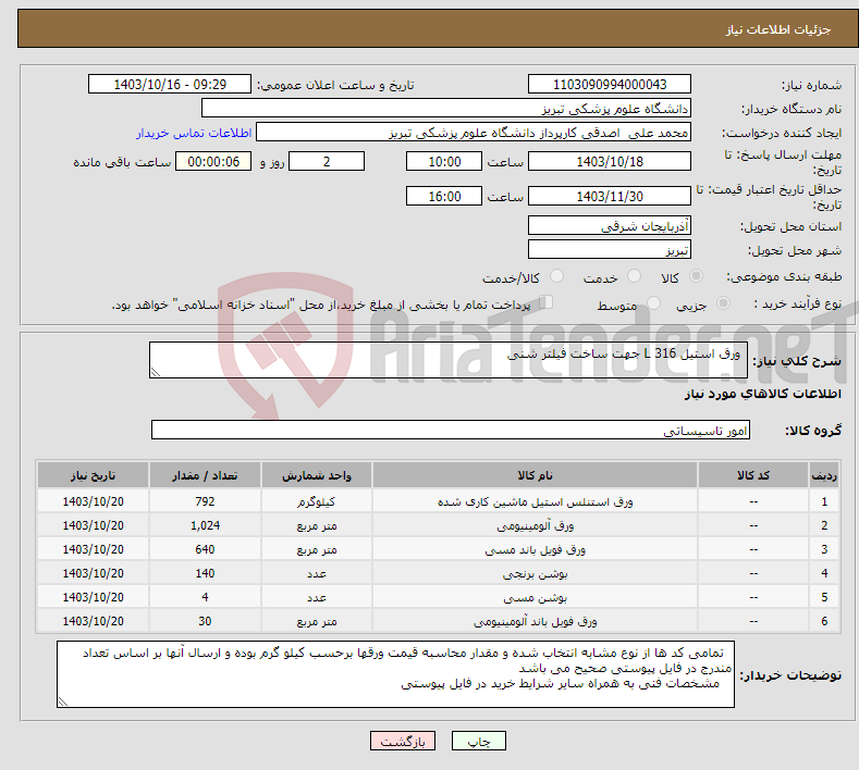 تصویر کوچک آگهی نیاز انتخاب تامین کننده- ورق استیل 316 L جهت ساخت فیلتر شنی