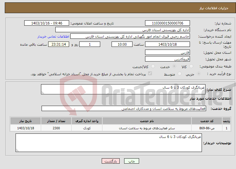تصویر کوچک آگهی نیاز انتخاب تامین کننده-غربالگری کودکان 3 تا 6 سال 