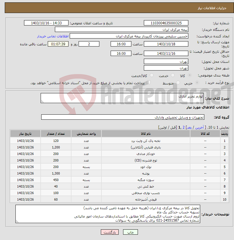 تصویر کوچک آگهی نیاز انتخاب تامین کننده-لوازم تحریر اداری