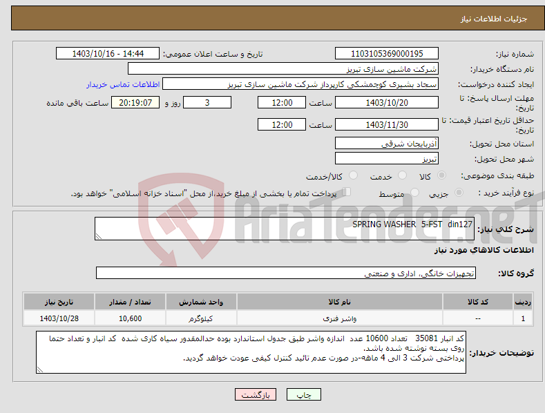 تصویر کوچک آگهی نیاز انتخاب تامین کننده-SPRING WASHER 5-FST din127 
