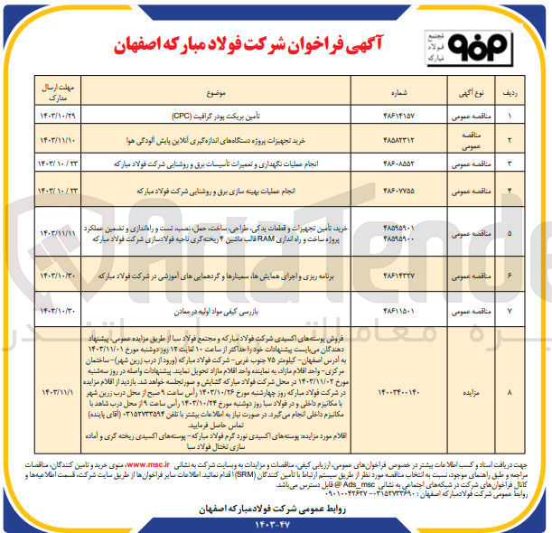 تصویر کوچک آگهی انجام عملیات نگهداری وتعمیرات تاسیسات برق و روشنایی شرکت فولاد مبارکه 