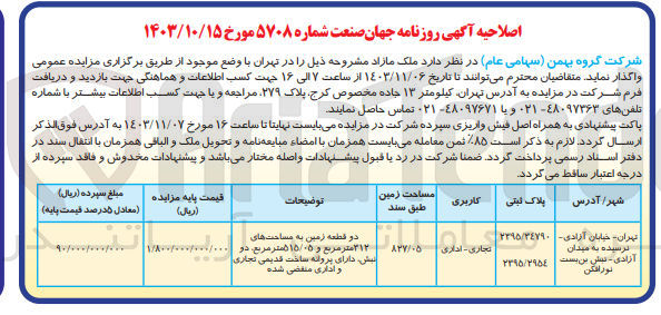 تصویر کوچک آگهی واگذاری ملک مازاد باکاربری تجاری -اداری  به مساحت 827/05 مترمربع 