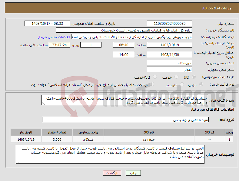 تصویر کوچک آگهی نیاز انتخاب تامین کننده-حلواشکری تکنفره 30گرمی مارک کابر ،موسوی،سیمرغ قیمت گذاری شوداز پاسخ برندهای4000-تامینا-زاغک و...جداًخودداری گردد غیربرندها نامبرده ابطال می گردد.