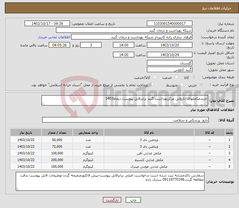 تصویر کوچک آگهی نیاز انتخاب تامین کننده-خریدمکملهای داروئی مرکزبهداشت گنبد برابرفایل پیوست دیماه1403
