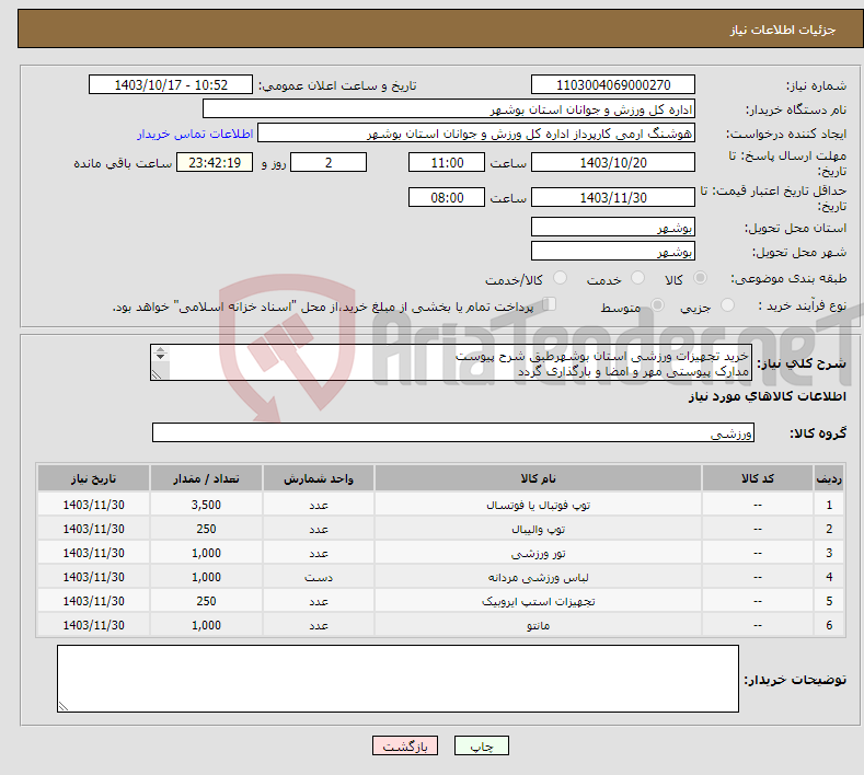 تصویر کوچک آگهی نیاز انتخاب تامین کننده-خرید تجهیزات ورزشی استان بوشهرطبق شرح پیوست مدارک پیوستی مهر و امضا و بارگذاری گردد عدم بارگذاری موجب ابطال میگردد