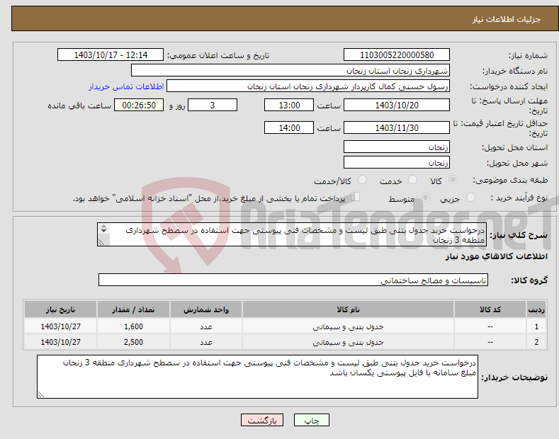 تصویر کوچک آگهی نیاز انتخاب تامین کننده-درخواست خرید جدول بتنی طبق لیست و مشخصات فنی پیوستی جهت استفاده در سصطح شهرداری منطقه 3 زنجان مبلغ سامانه با فایل پیوستی یکسان باشد