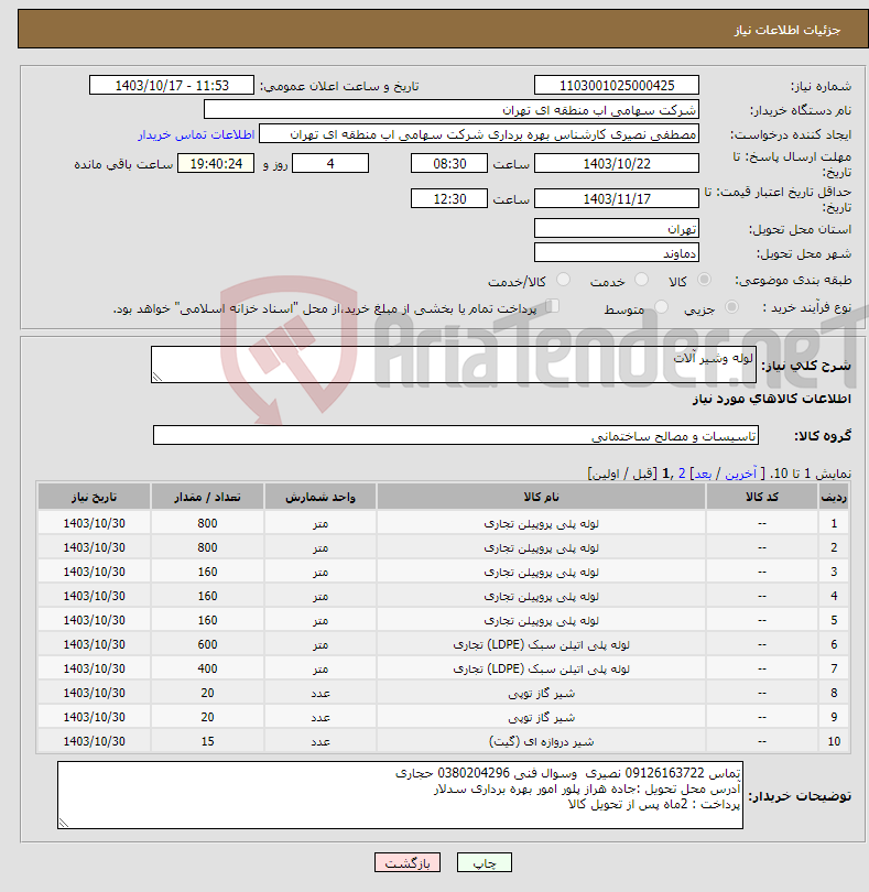 تصویر کوچک آگهی نیاز انتخاب تامین کننده-لوله وشیر آلات