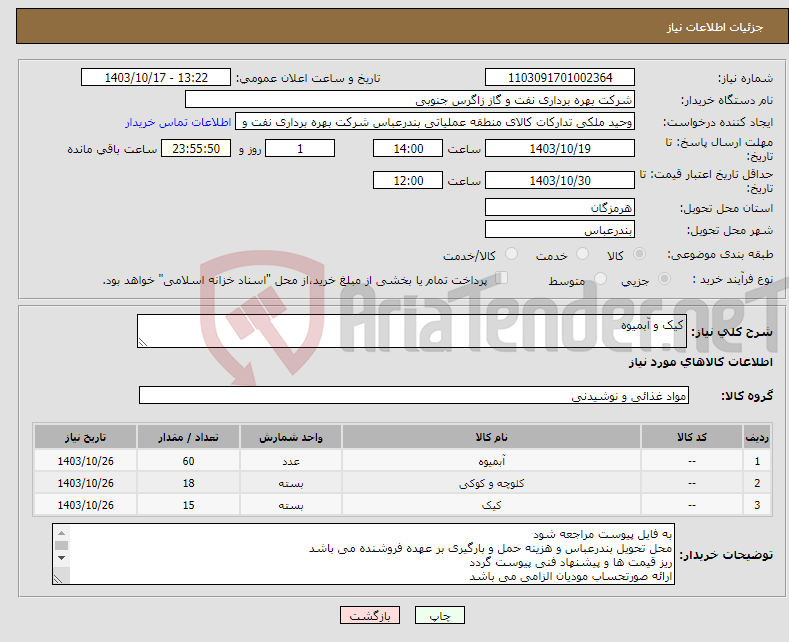 تصویر کوچک آگهی نیاز انتخاب تامین کننده-کیک و آبمیوه 