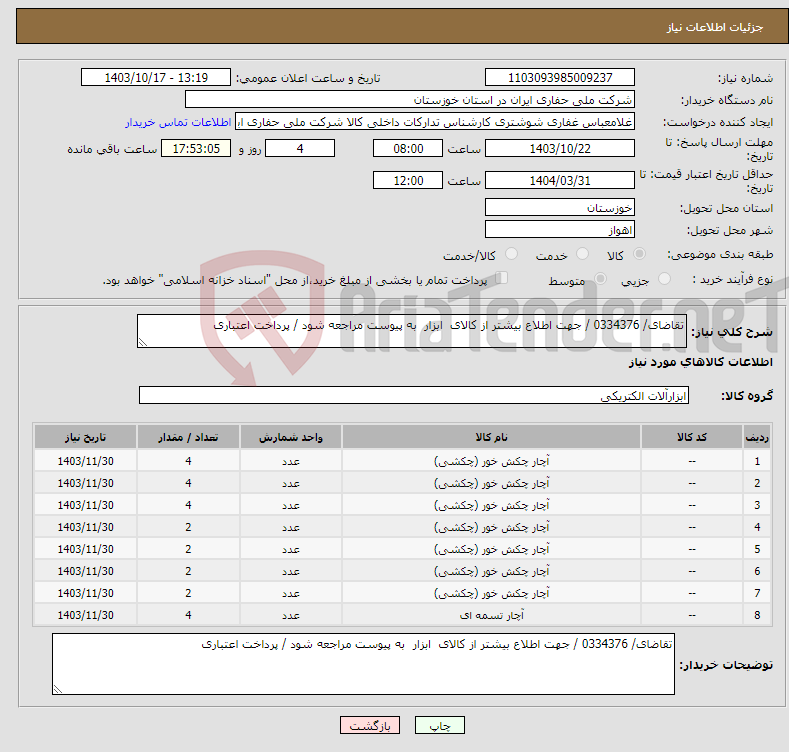 تصویر کوچک آگهی نیاز انتخاب تامین کننده-تقاضای/ 0334376 / جهت اطلاع بیشتر از کالای ابزار به پیوست مراجعه شود / پرداخت اعتباری